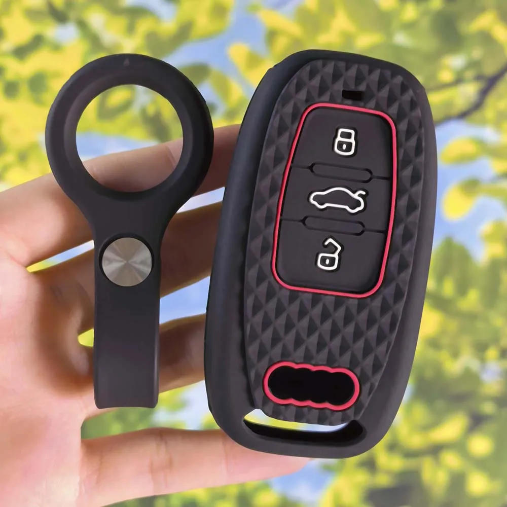 3 Buttons Carbon Fiber Grain Silicone Remote Key Cover With Key Chain, Smart Fob Case for Audi Q7 A6 C7 A1 A5 A4 B9 A3 A6 C5 Q5