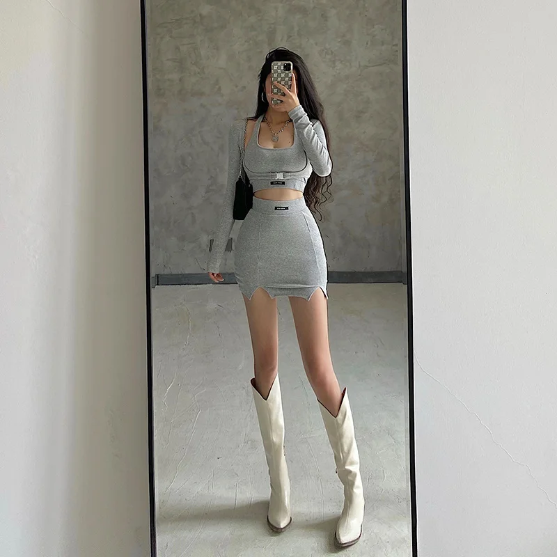 3 Pieces Sets Women Casual Sportswear 2024 New Sexy Sweet Halterneck Tank+Long Sleeve Crop Tops And Tight Slitp Mini Skirts Set