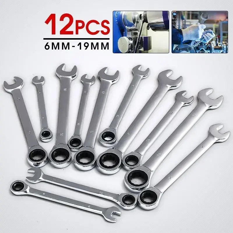 12PCS 6-19mm Ratchet Wrench Set Car Repair Tools Key Spanner Wrench Socket Hand Tools Wrenches Universal Ratchet Spanner Wrench