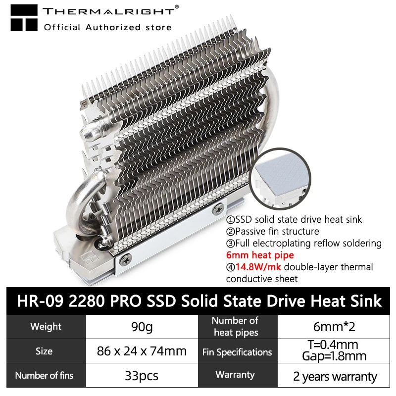 Thermalright HR-09 2280/HR-09 2280 PRO M.2 Solid State Drive AGHP Heat Pipe Radiator SSD Cooler Fully Electroplated