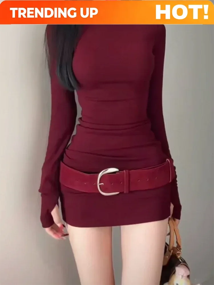 Customization Long Sleeve Slim Bodycon Mini Dress Women Turtleneck Party Christmas Short Evening Club Outfit Dresses Belt Soild