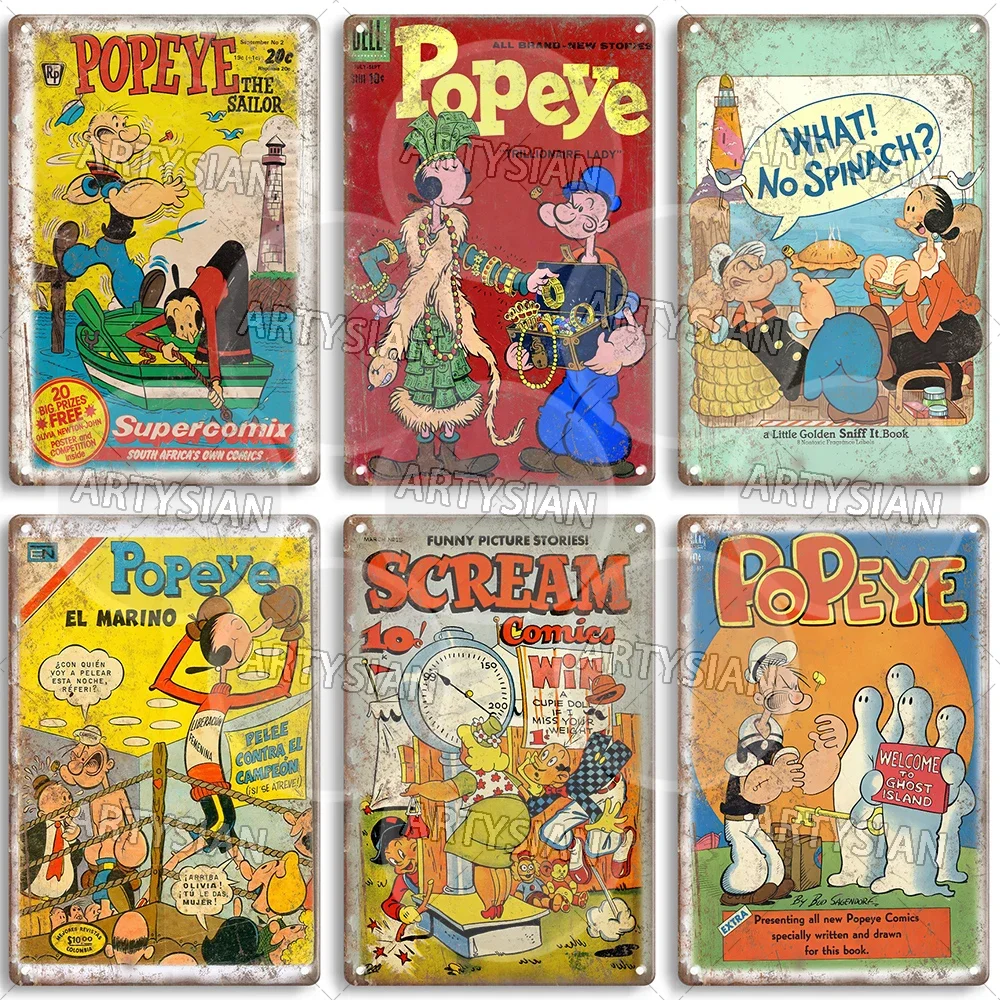 Vintage Comic Metal Sign Popeye Scream Comics Metal Plaque Popeye the Sailor What! No Spinach Cupid\'s Arrows Zap Bugs
