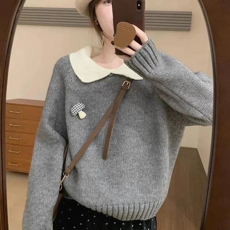 korean fashion Green women's sweater autumn winter Embroidered Mushroom Knit Pullover Oversized Ribbed Trim Y2K Winter Top
