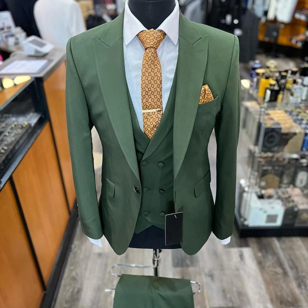 Formal Green Men Suits One Button Slim Fit Flat Front 3 Piece Jacket Pants Vest Blazer Custom Wedding Male Clothing Outfits