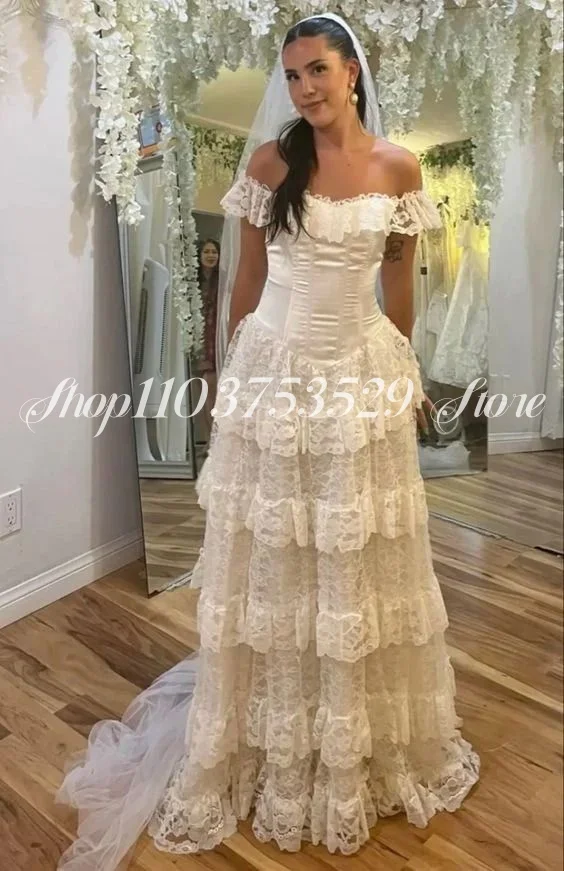 Sweetheart Bridal Wedding Dresses Strapless Lace Bohemian Wedding Dresses Ruffle Long Customised Evening Gowns فستان الزفاف