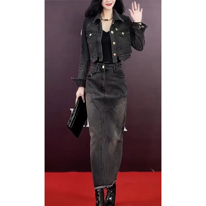 

Korean Ladies Fashion Leisure Workwear Denim 2PCS 2025 Female Long Sleeves Two Piece Suit Autumn Women High Waist Cowboy Outfit