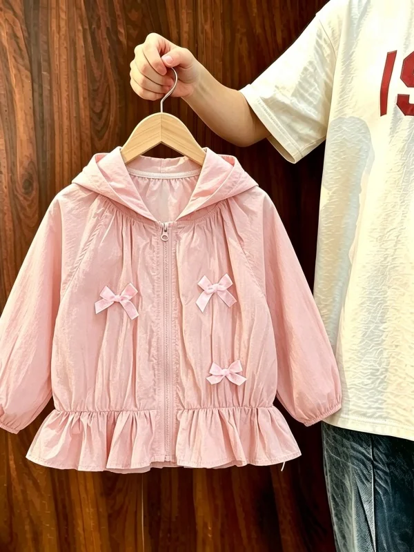 

Girls Summer Lightweight Breathable Sun Protection Coat Knot Hat Jacket Casual Loose Fit Long Sleeve Zipper Closure
