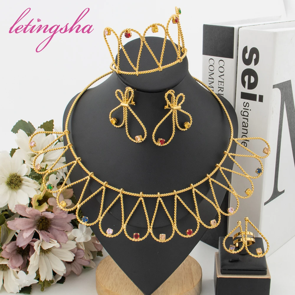 

Dubai Jewelry Sets for Women Fashion Necklace Set Pendant Clip Earrings Bangle Rings Nigerian African Gold Color Jewellery