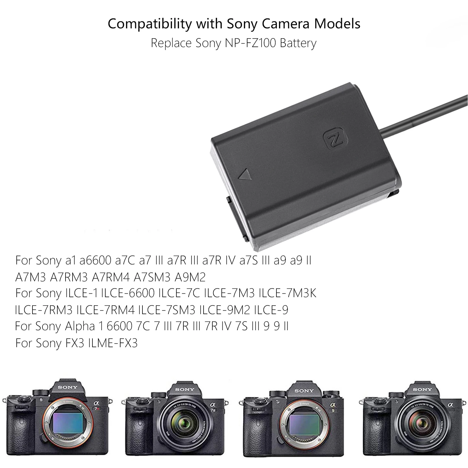 NP-FZ100 A7III Dummy Battery Adapter for Sony Alpha A7IV A6600 A7SIII A7C A1 FX3 A7R3 A7R IV, A9 A9R A9S Cameras