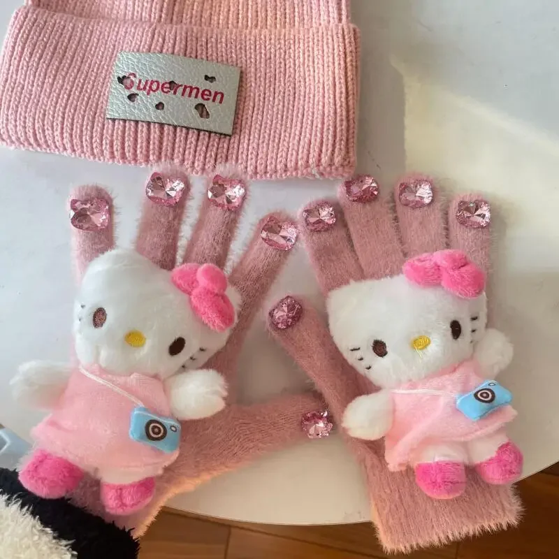Vijf vingers handschoenen Hello Kitty schattige pluche handschoenen met strass Sanrio Kawaii Anime pop herfst winter warme outdoor handschoenen
