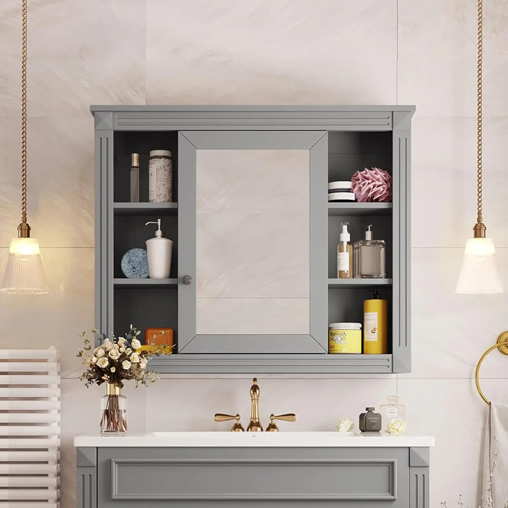 

Bathroom Medicine Cabinet with Mirror, 35 W x 27.5 H Wall Cabinet with Door and Adjustable Shelves, Over Toilet Storage C