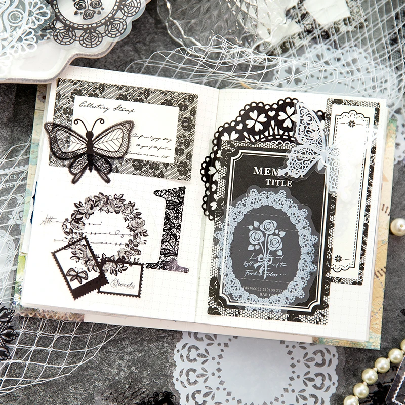 Yoofun 110pcs/lot Black and White Lace Decorative Material Paper Scrapbooking Mixed Material Label Diary Journal Planner diy