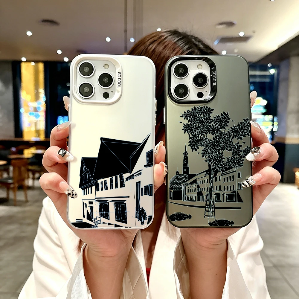 

Color Silver IMD Phone Case For iPhone 17 Air 16 Plus 16E 13 MINI 15 14 12 11 Pro MAX 7 8 SE XR Hand-Drawn Architecture Cover
