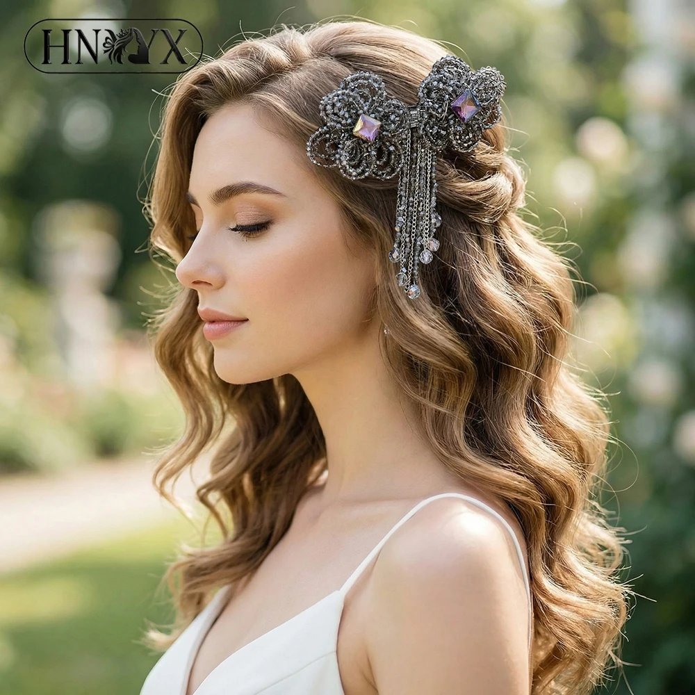 

HNYYX Grey Color Crystal Flower Hair Clips Handmade Tassel Hairpin Luxury Wedding Hair Accessories Party Tiara Headwear A68