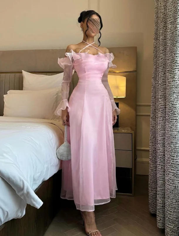 فستان وردي مخصص عالي الجودة بثلاثة أرباع بطول الكاحل وسحاب للتجاعيد للنساء للحفلات الراقصة على شكل حرف a من التول لحفلات الكوكتيل فيستدو لوري