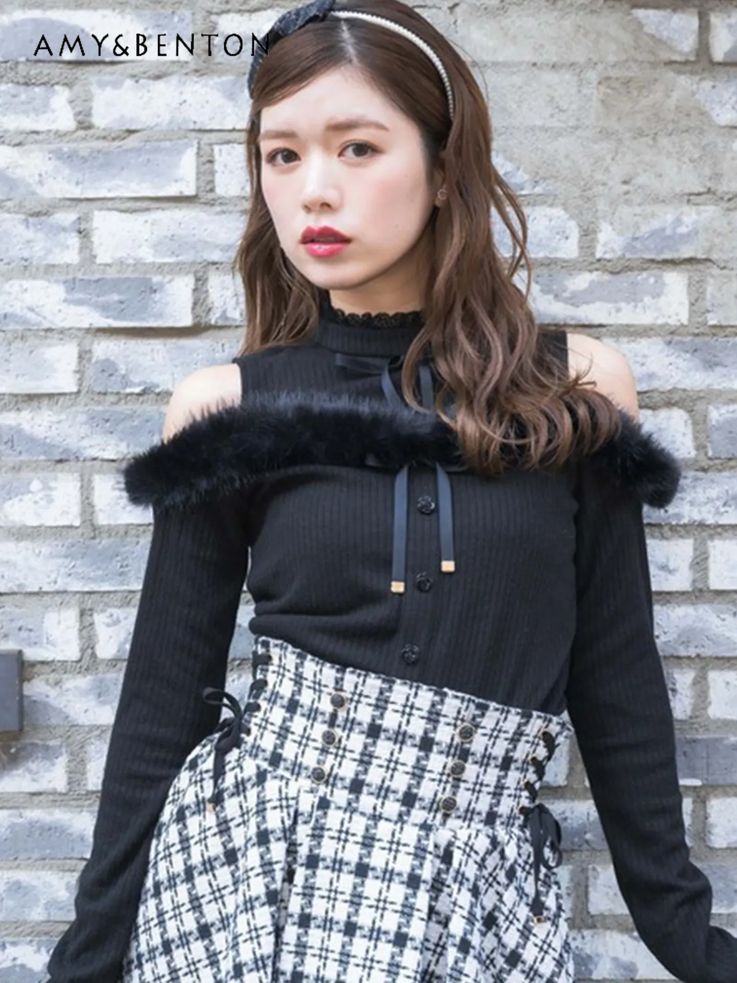 

Японский сладкий пушистый вязаный свитер с воротником-стойкой и открытыми плечами, кружевной, для женщин, элегантный, в стиле феи, с бантом, приталенный пуловер