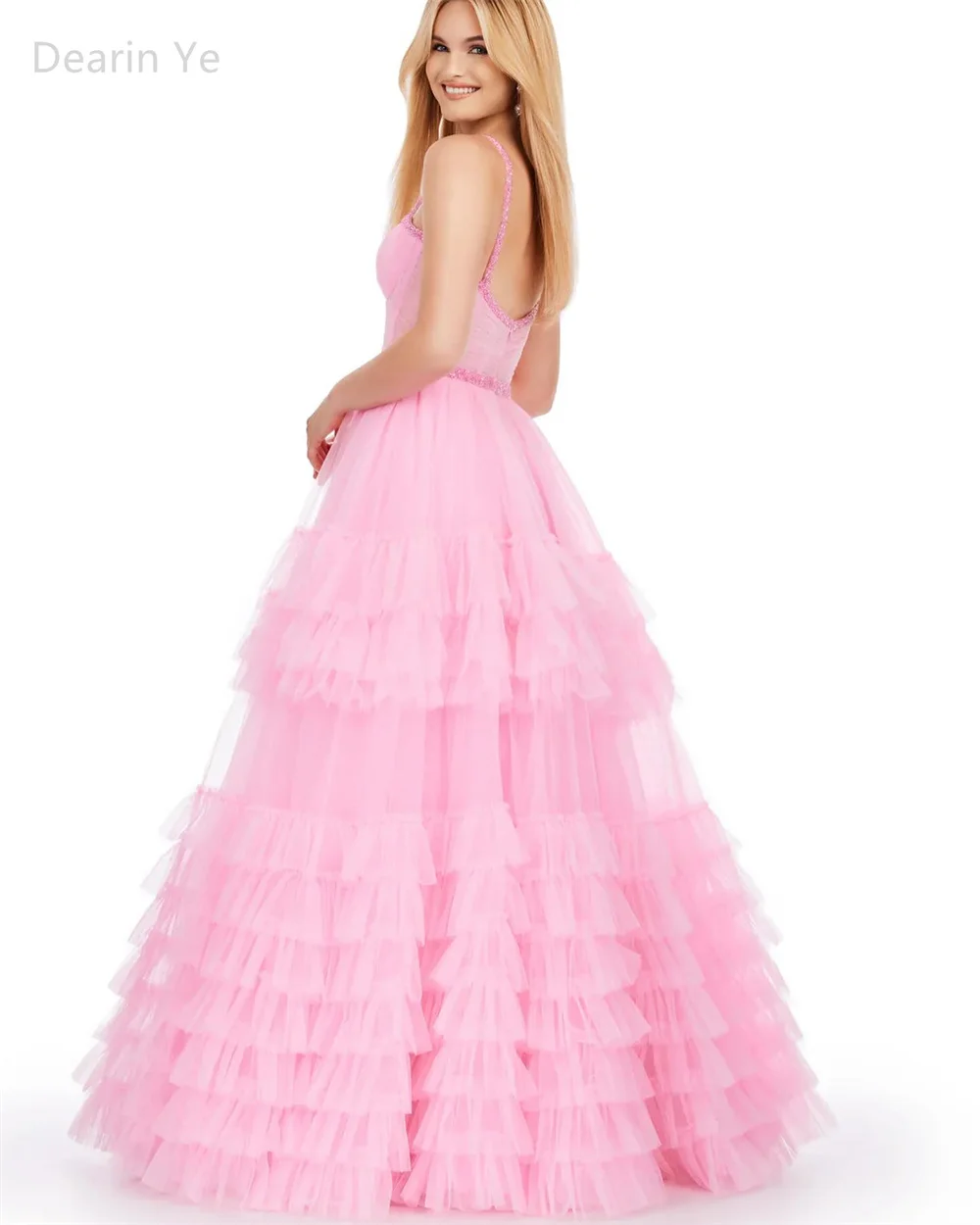 Customized Formal Gown Saudi Arabia Dearin Strapless Ball Floor Length Open Back Skirts Draped Layered Tulle Sleeveless Flouncin