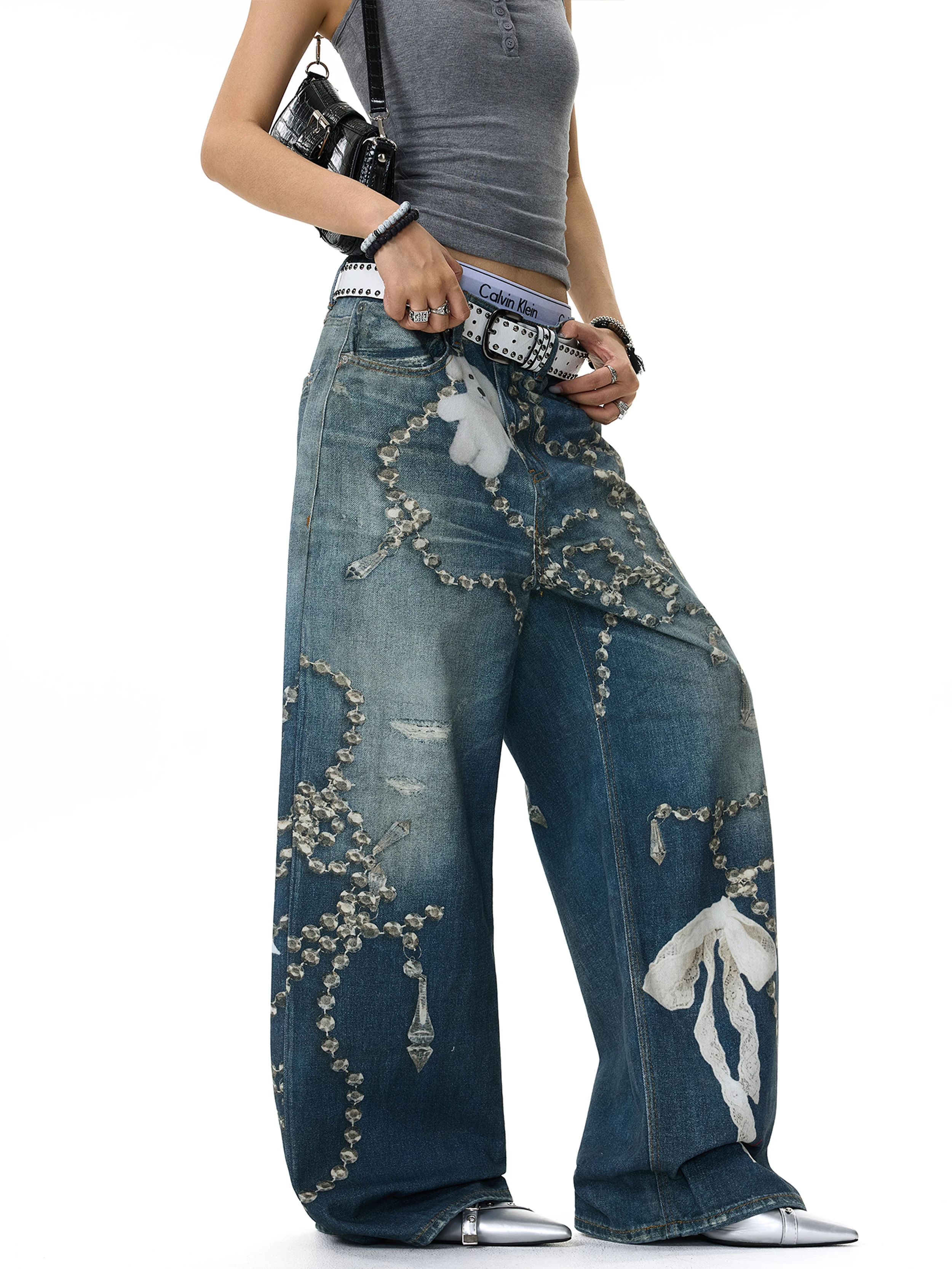 Retro American Creative 3D Chain Print Straight Leg Jeans Unisex Loose Casual Wide Leg Long Trousers Trendy Cotton Denim