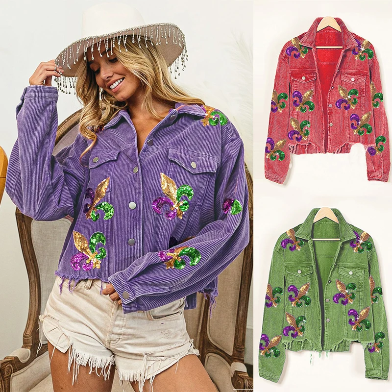 

Mardi Gras Sequined Jacket Women New Sports Casual Corduroy Coats Ladies Fashion Retro Turn-down Collar Sequins Tassel Outwear