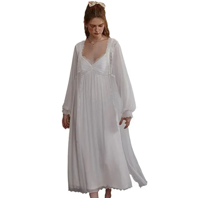 Autumn Winter Sleepwear Peignoirs Nightwear Women Sexy Night Dress and Robe Sets Romantic Mesh Robes Fairy Two Piece Nightdress