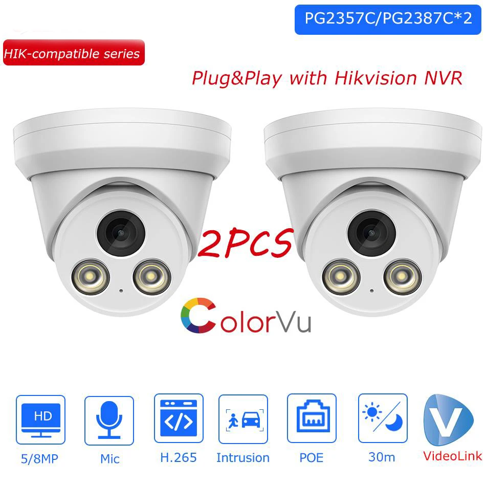 2 Stuks Hikvision Compatibel 5mp 8mp Colorvu Ip Camera Bulit-In Mic Cctv Surveillance Netwerk Camera Plug & Play Met Hik Nvr