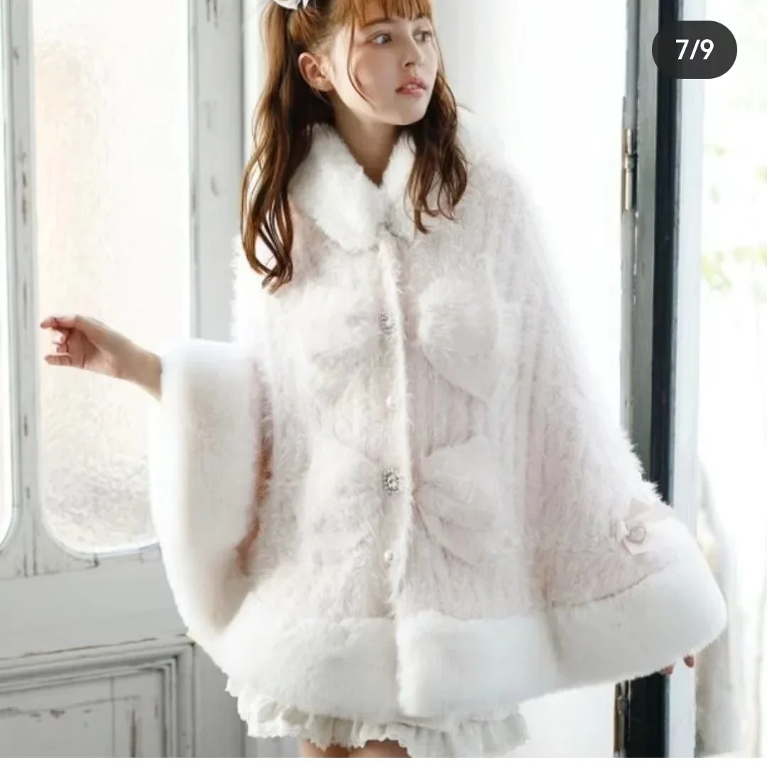 Japanese Liz Sweet Princess Faux Rabbit Fur Cape Coat Women Autumn Winter Fur Jacket Loose Clock Rhinestone Bow Hooded Coat