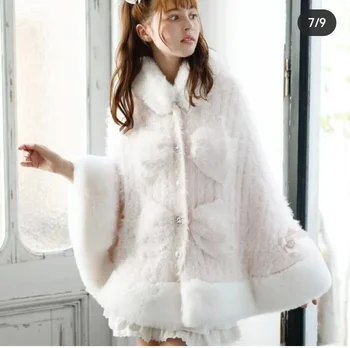Japanese Liz Sweet Princess Faux Rabbit Fur Cape Coat Women Autumn Winter Fur Jacket Loose Clock Rhinestone Bow Hooded Coat 4