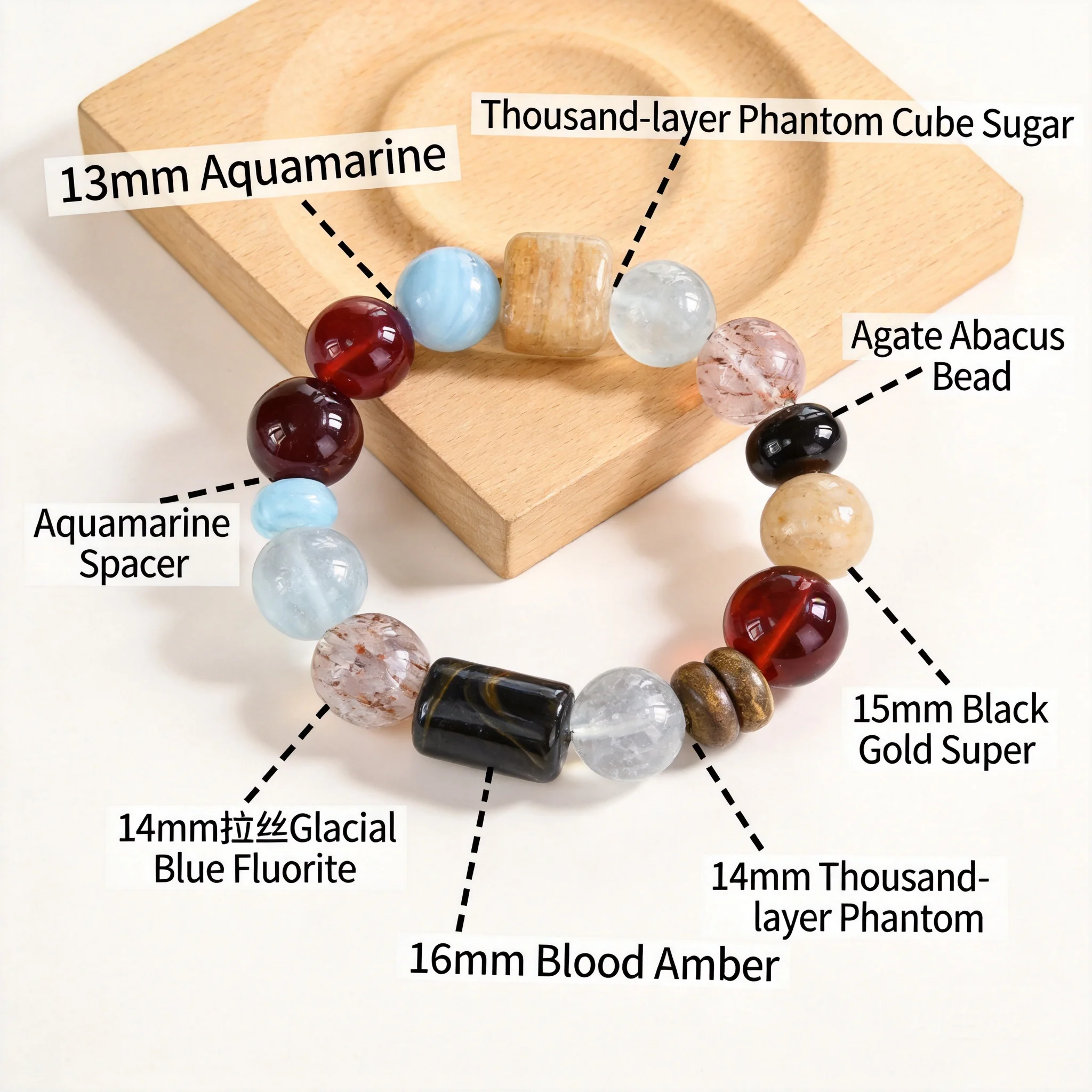 16mm Chinese Style Good Luck Natural Red Agate Aquamarine Thousand Layer Phantom Crystal Beaded Bracelet Wealth Attracting Bless