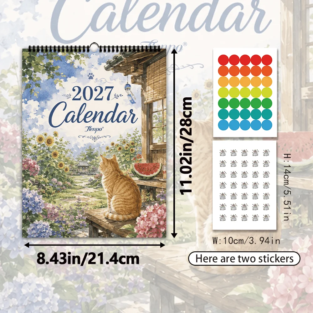 1pc 2027 Japanese Garden Cat Wall Calendar,12‑Month Planner,Gift For ,Christmas,Halloween,New Year,Free Stickers Included