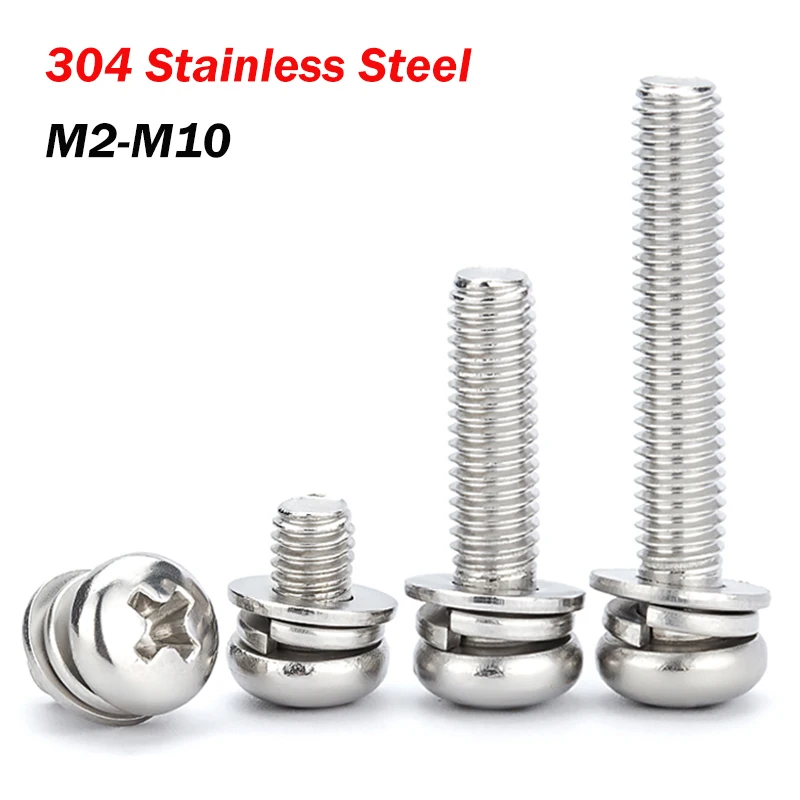 304 Stainless Steel M2-M10 Three Combination Machine Bolts With Spring/Flat Washer Cross Recessed Round Pan Head Phillips Screw