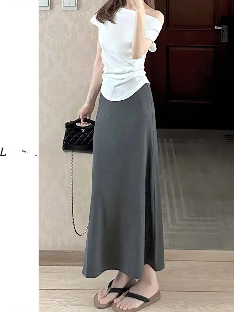 Gonna a trapezio europea leggera di dimensioni estese per donne alte Estate New Sle Versatile drappeggiato a vita alta Taglio dritto