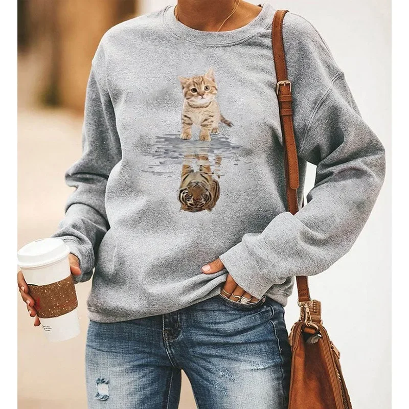 Kitten Sunflower Print Long Sleeve Crew-neck Hoodie Lady Sweatshirt  Streetwear Women  Aesthetic