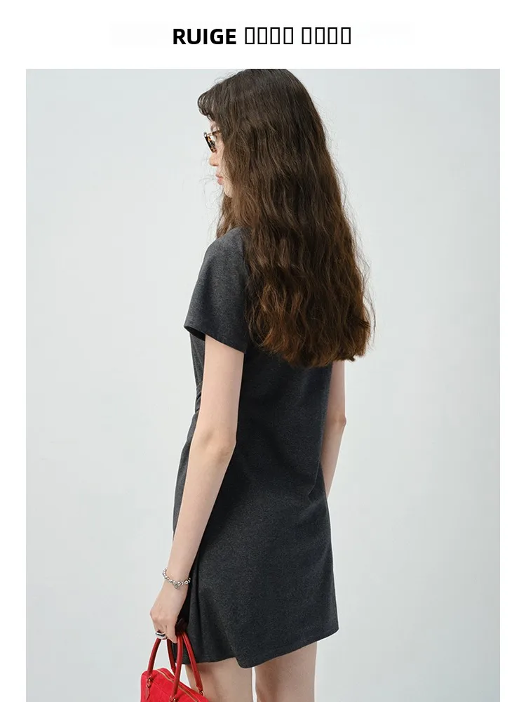 라운드넥 타이 웨이스트 숏 드레스 슬리밍 A라인 스커트 플러스 사이즈 여성 여름 출퇴근 스타일 하이웨이스트 반팔 드레스