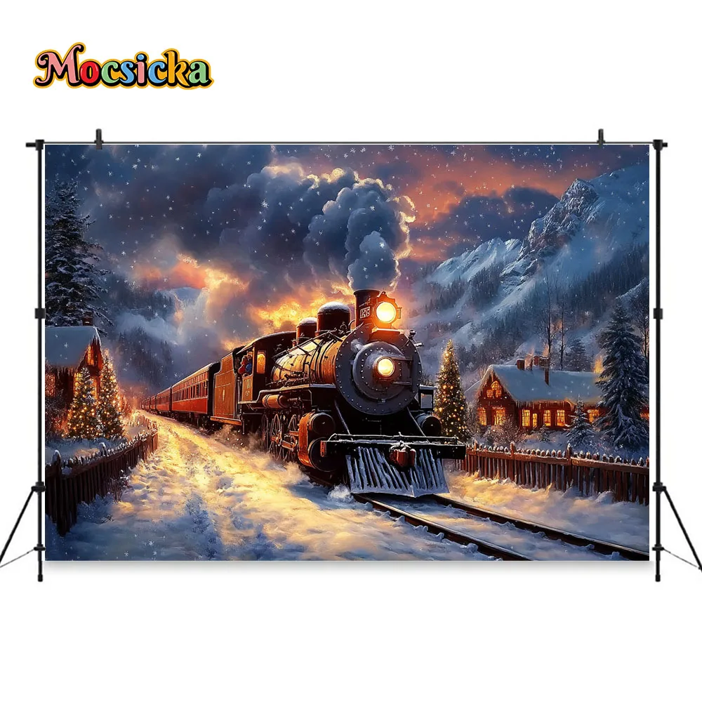 Mocsicka Vintage Steam Train Background for Christmas Photography Xmas Eve Village Snowflake Backdrop Kids Family Studio Photo