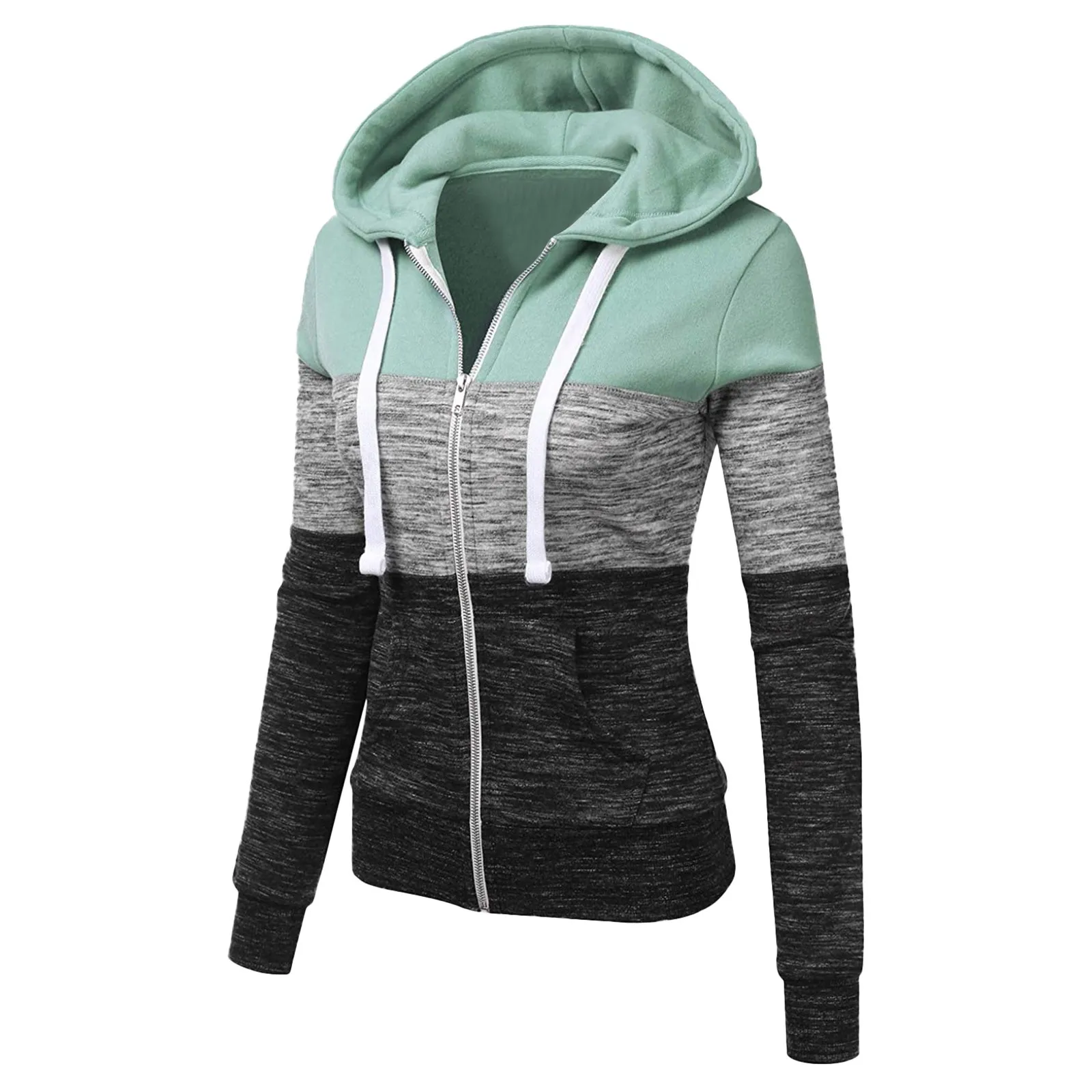 2024 Women\'S Patchwork Hoodies Casual Slim Zipper Coat Outdoor Autumn Winter Jacket Sport Fashion Long Sleeve Hooded Pullover