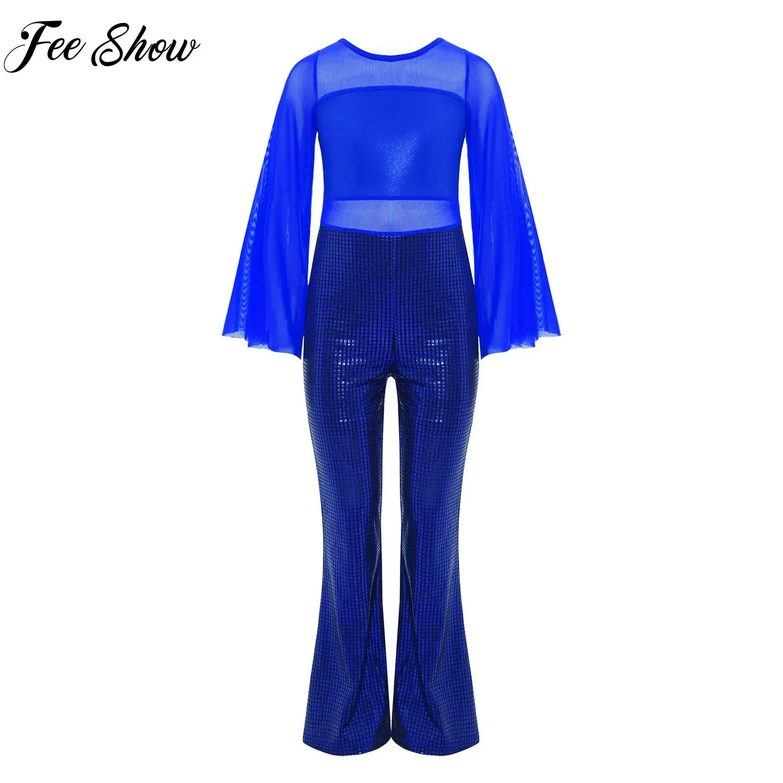

Kids Girl Ballet Latin Jazz Dance Jumpsuit Metallic Bell-Bottom Jumpsuit Cheerleading Uniform Carnival Theme Party Stage Clothes