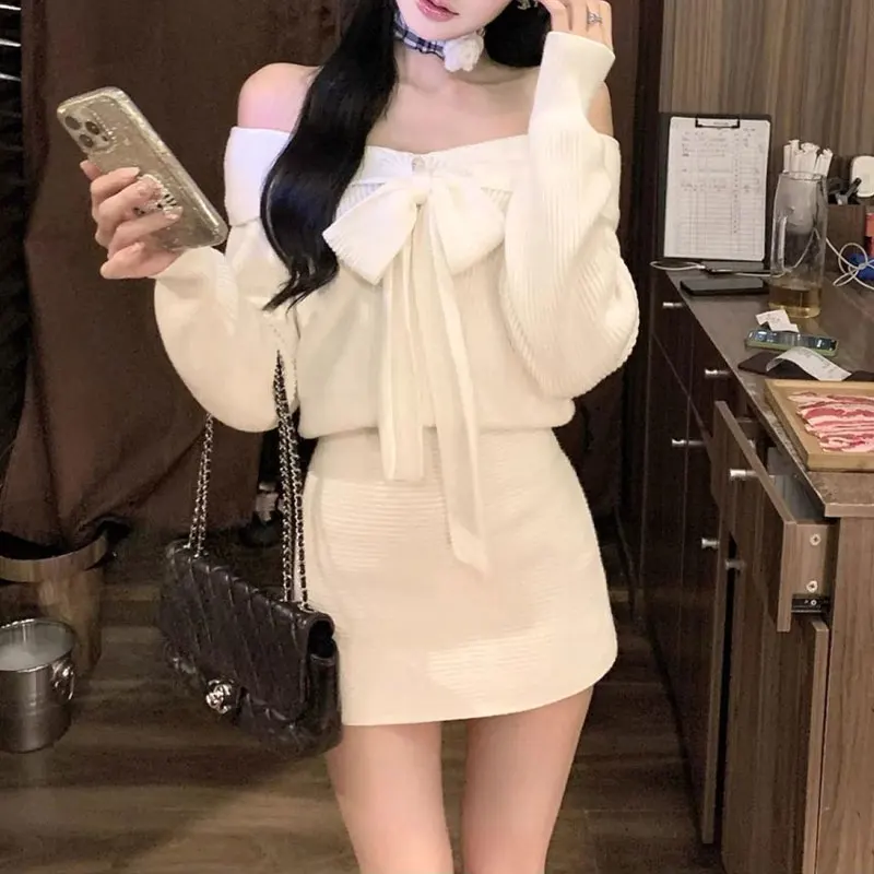 

Fashion Slash Neck Drawstring Bow Dresses Autumn Winter Solid Color Women's Clothing Long Sleeve Gentle Knitted Slim Mini Dress