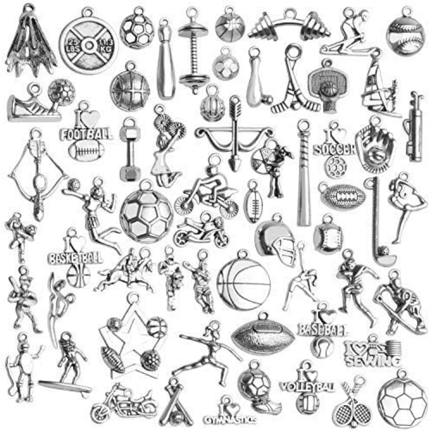 62pcs Alloy Sport Theme Charms Ball Game Sports Charms Pendants for DIY Necklace Earrings Bracelets Keychain Jewelry Making