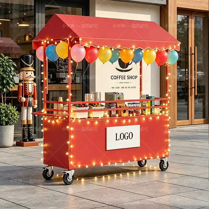 universal wheel movable dining car, night market Internet celebrity stall wrought iron car promotion car thickened canopy