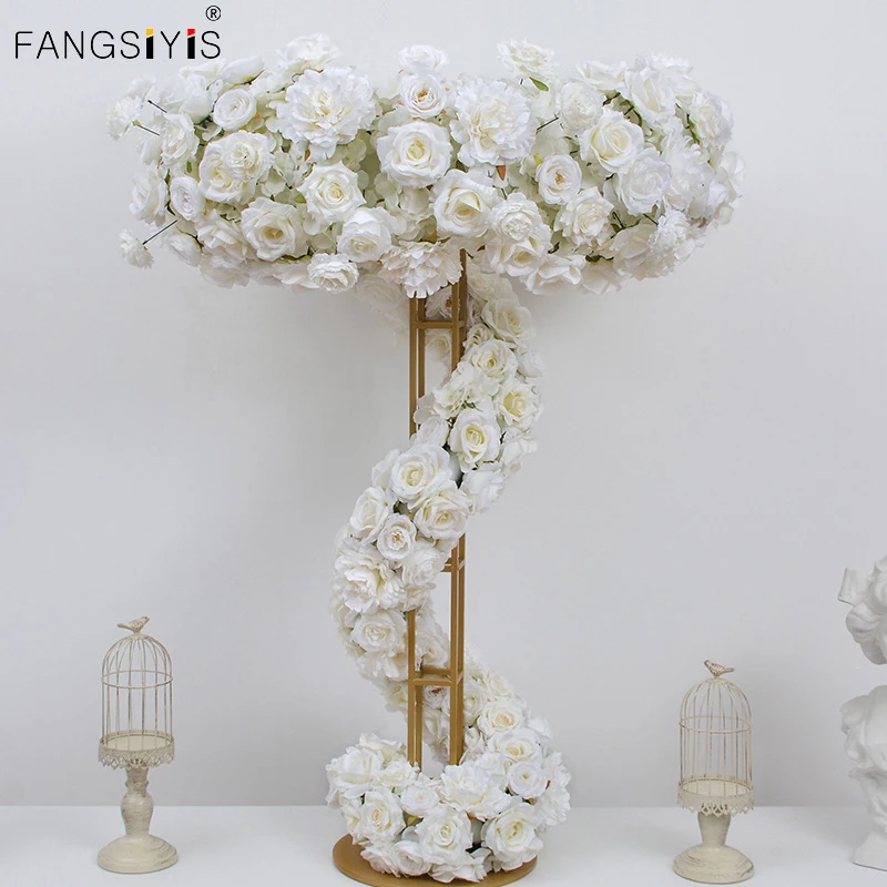 

White Luxury Floral Arrangement Wreath Decor Wedding Table Centeriece Golden Stand Arch Flower String Runner Banquet Event Props