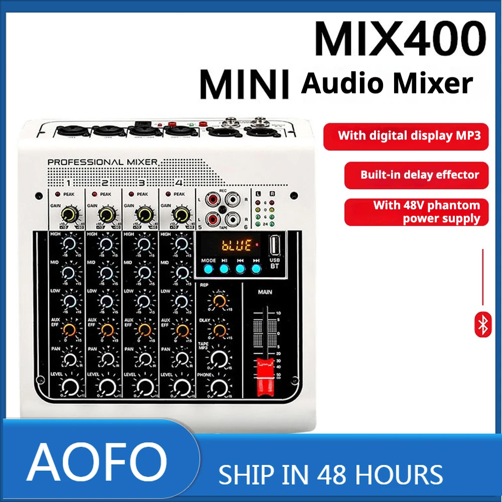 

AOFO Professional 4-Channel Audio Mixer with USB Bluetooth, EQ, and Digital Effects for Studio, Live Performance, DJ, Karaoke