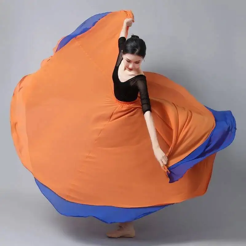 Gonna in chiffon Flamenco per le donne da ballo Gonne lunghe tinta unita da 720 gradi Ballerino Pratica Indossare gonna in stile cinese con orlo grande