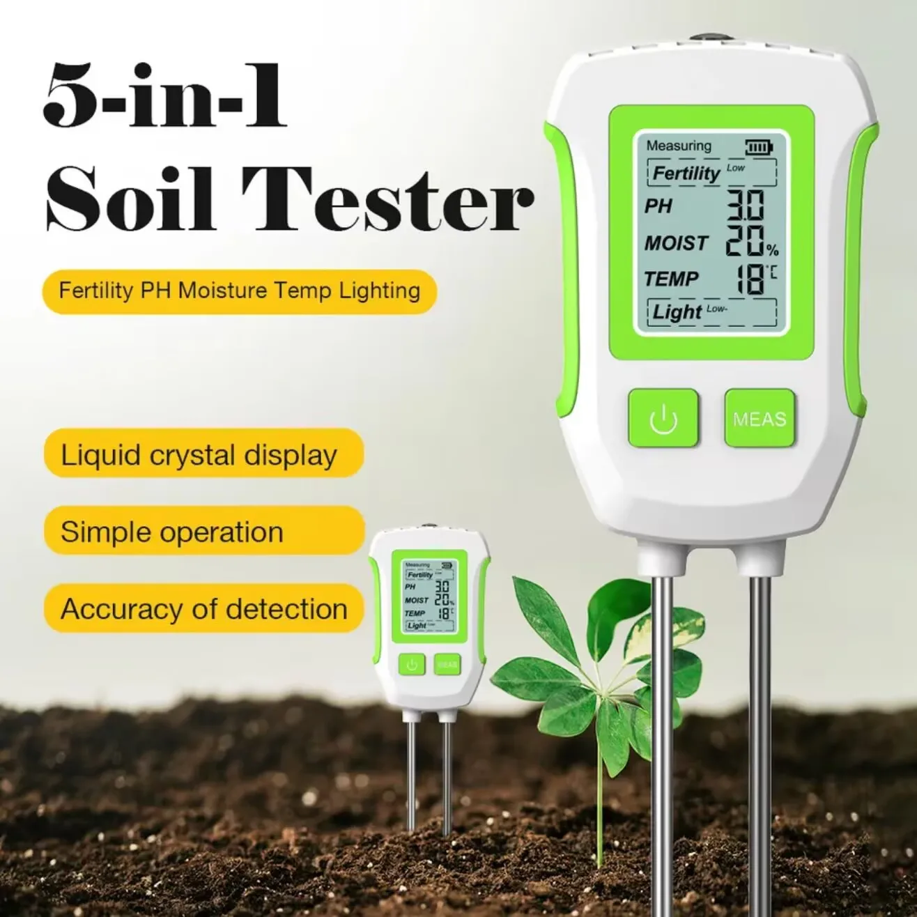 High Precision 5‑in‑One Dual‑Probe Soil Tester Moisture Temp Humidity PH Fertility Light Detector