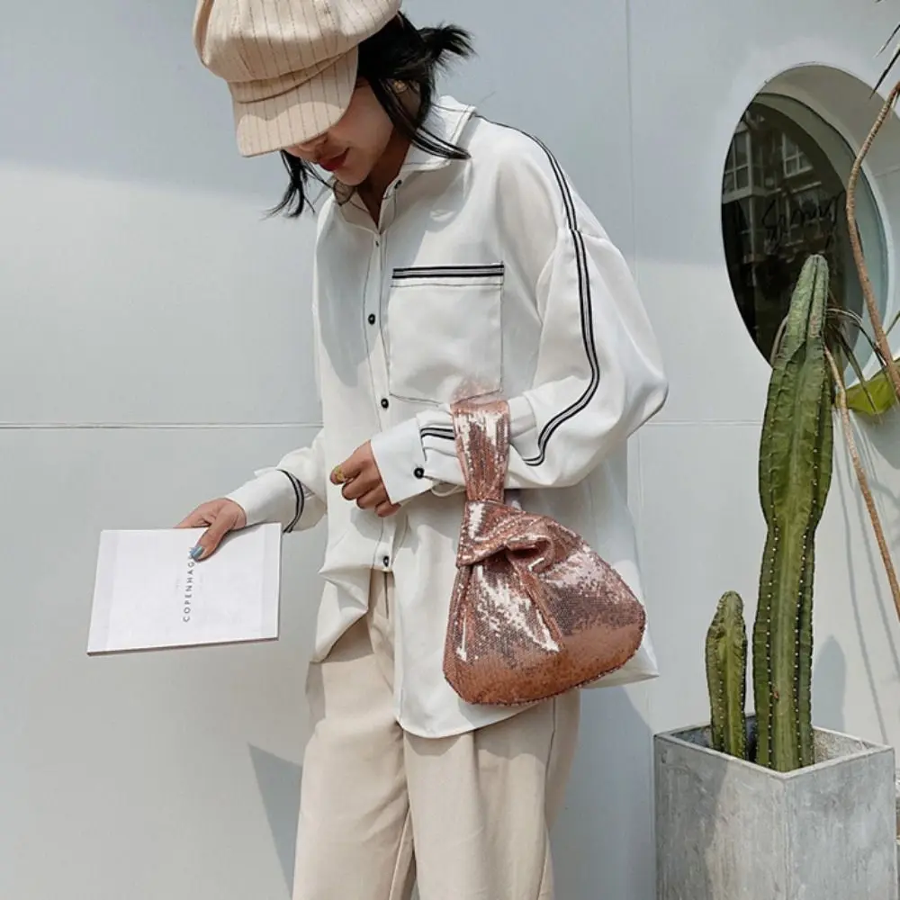 Casual Glitter Knot Wrist Bag Solid Color Bucket Bag Sequin Handbag Purse New Year Gift Tote Bag Party