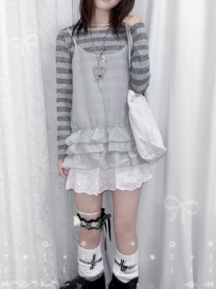 

Комплект Casper970: вязаный топ и многослойная накидка в ретро-корейском стиле с полосками, универсальный уличный образ, женский модный комплект