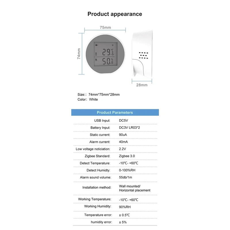 ABPQ-Tuya Wifi Temperature Humidity Sensor Indoor Hygrometer Thermometer Detector Smart Life App Battery Or USB Powered