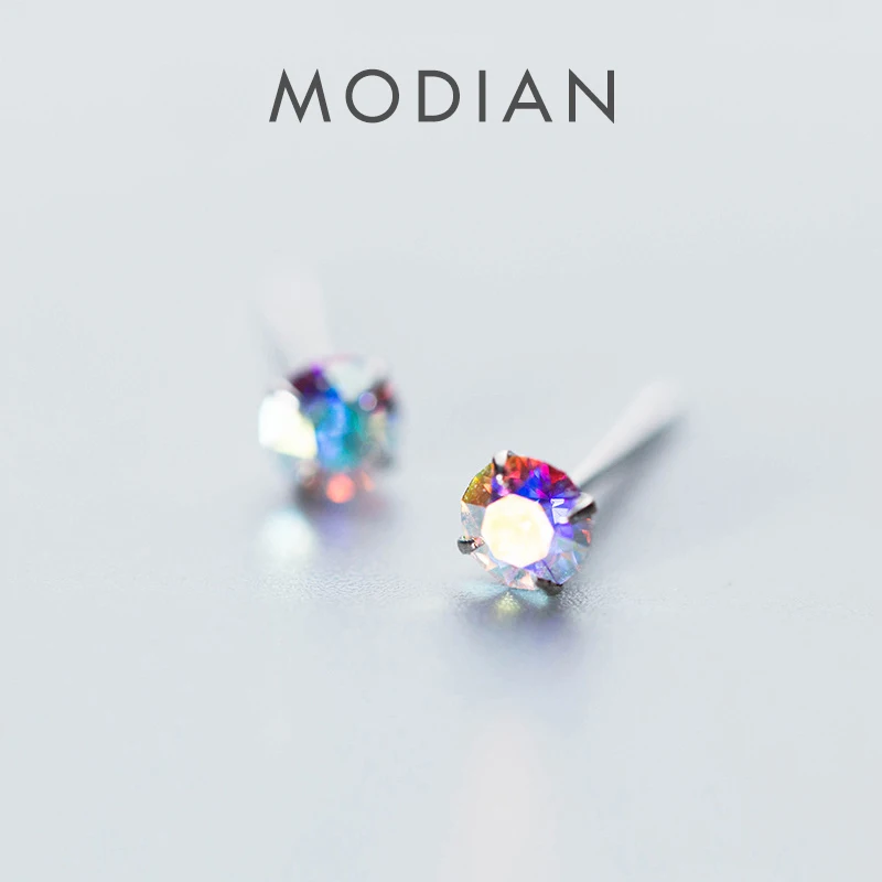 Modian Rainbow Colorful Cubic Zirconia Simple Stud Earrings Fashion Exquisite 925 Sterling silver Wedding Jewelry For Women