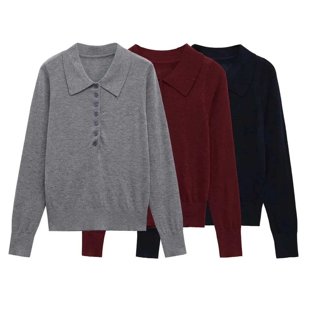 

new women's clothing style simple and casual long sleeved polo shirt collar flat needle knit sweater