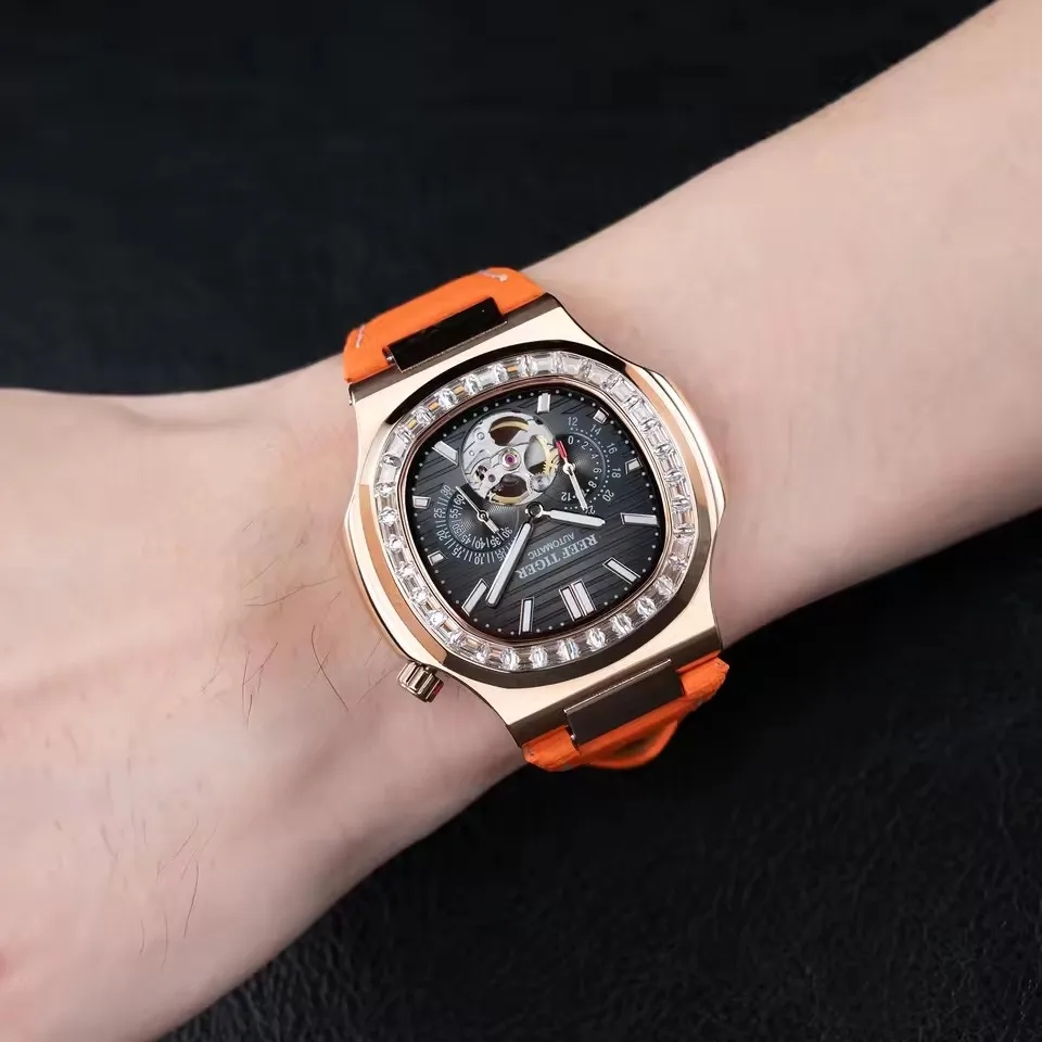 REEF TIGER Men's Luxury Mechanical Watch — Diamond Accents, Automatic Tourbillon, 24-Hour Display, Orange Genuine Leather Strap