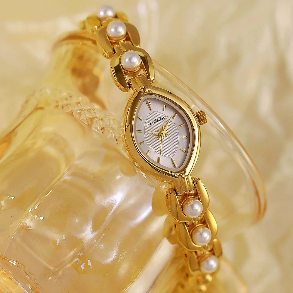 

Женские кварцевые часы в стиле ретро, роскошный браслет с золотой инкрустацией жемчугом, модные наручные часы с простым циферблатом для женщин, повседневная одежда, подарки